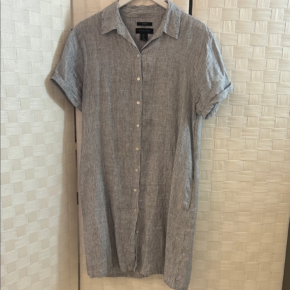 Tahari Gray Striped Midi Dress